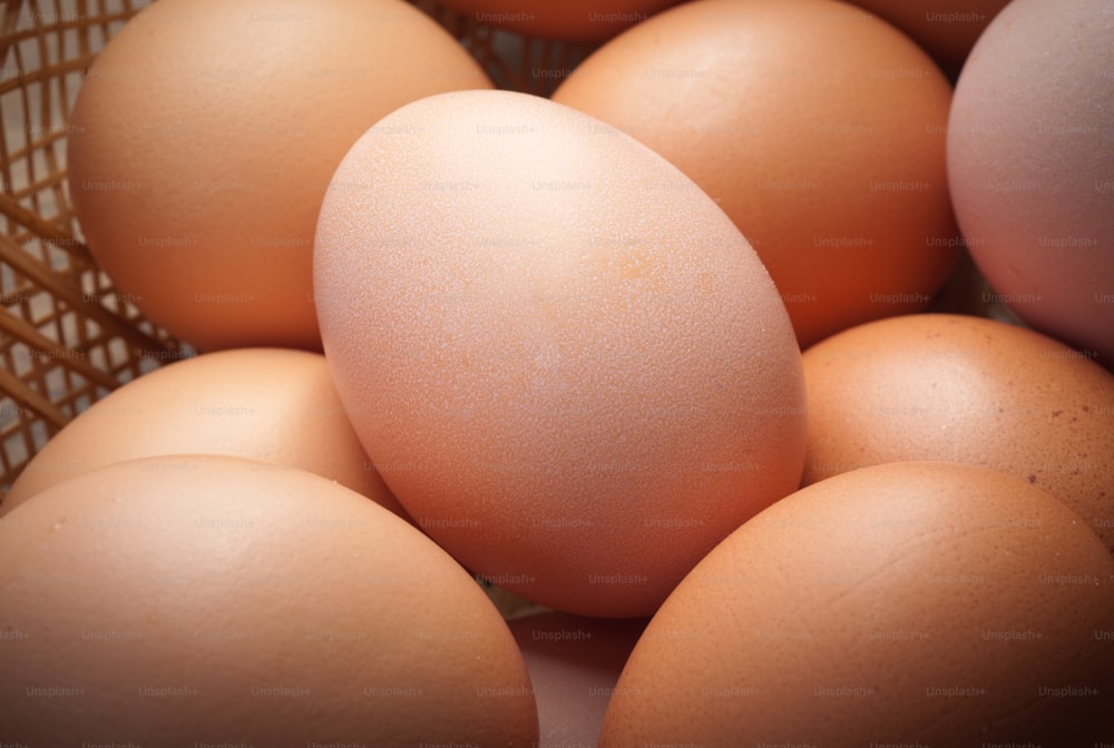 Composición de huevos de gallina y cestas de mimbre