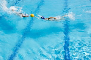 a group of people swimming in a pool