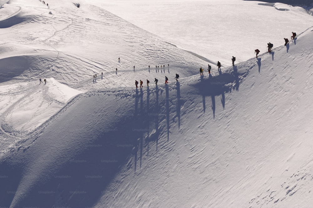 um grupo de pessoas caminhando pela encosta coberta de neve
