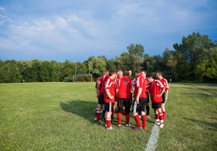 a group of young men standing on top of a lush green field