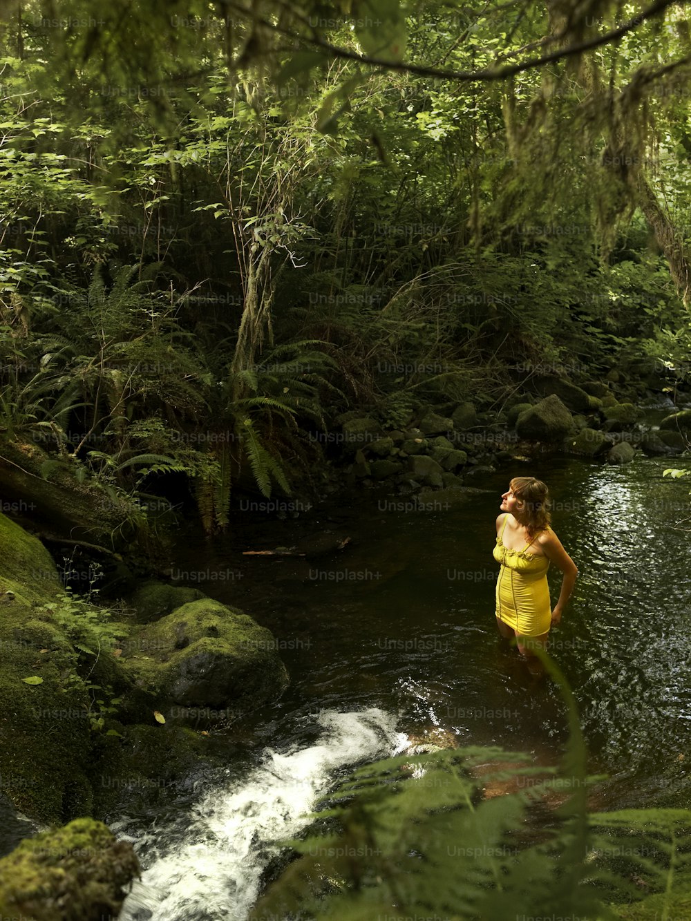 a woman in a yellow dress standing in a stream