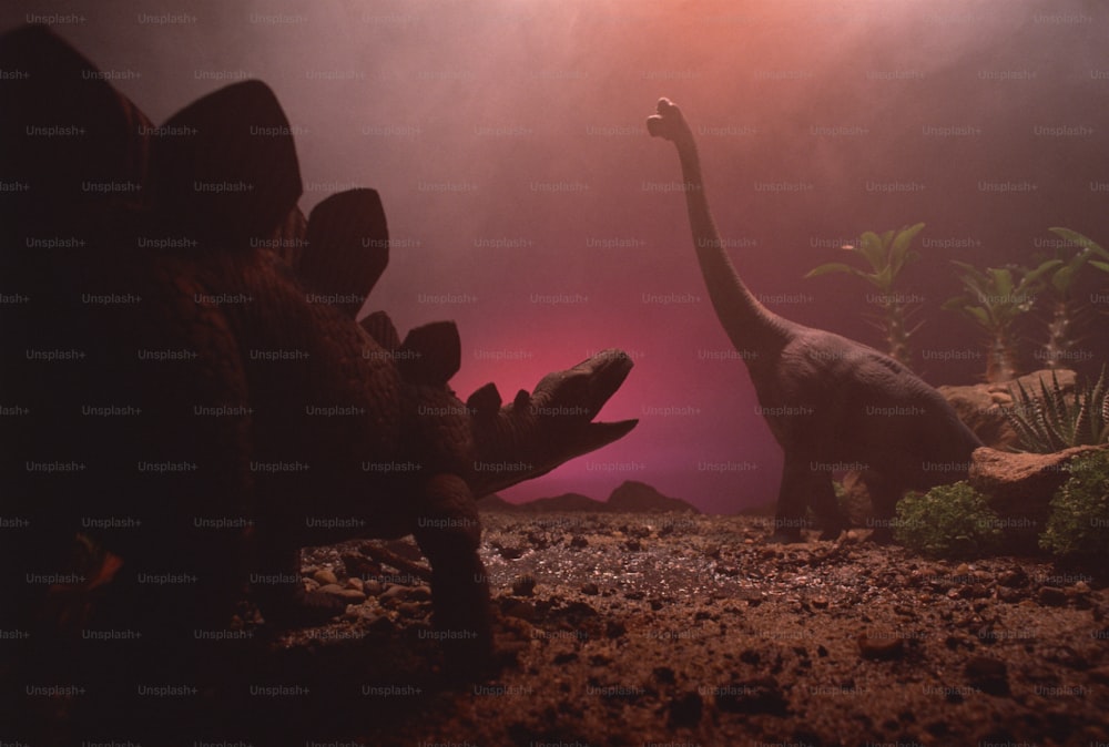 a couple of dinosaurs that are standing in the dirt