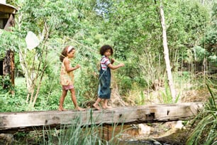 two little girls walking across a wooden bridge
