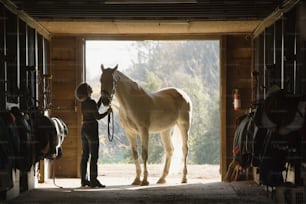 a young boy standing next to a white horse