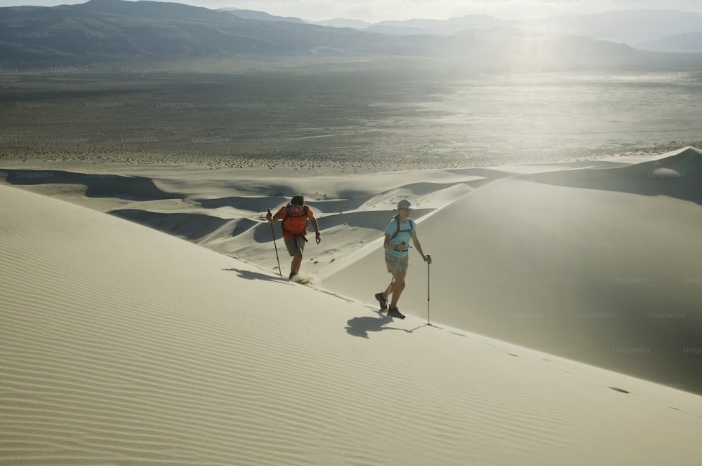 um par de pessoas andando de esqui através de um deserto