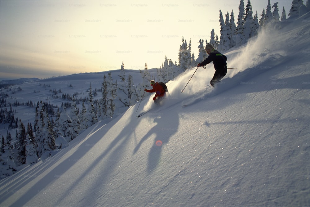 Ein paar Leute fahren auf Skiern einen schneebedeckten Hang hinunter