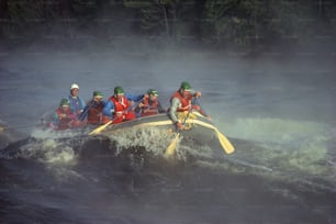 eine Gruppe von Menschen, die auf dem Rücken eines Bootes reiten