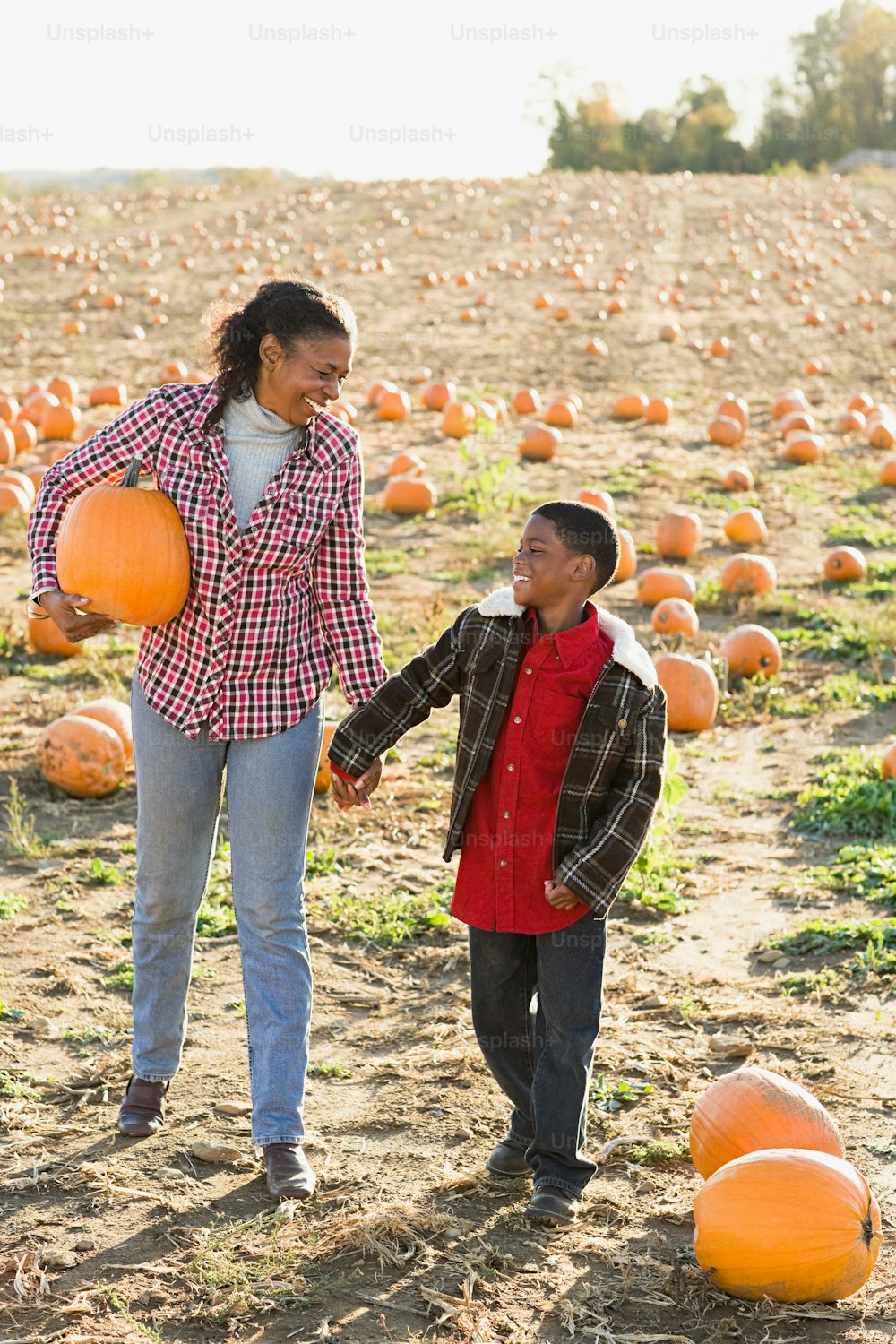 a woman and a boy holding hands in a pumpkin patch