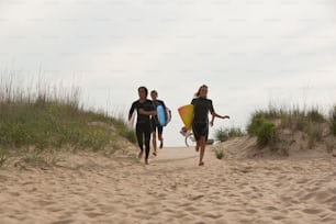 um grupo de pessoas caminhando por uma praia segurando pranchas de surfe