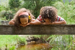 two young girls leaning over a wooden bridge