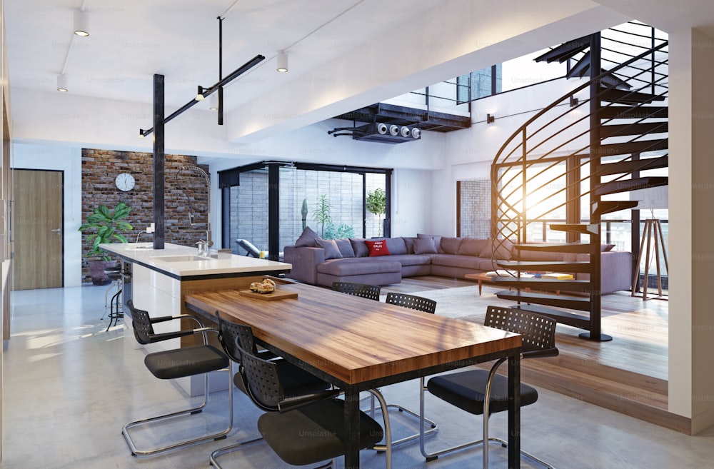 Interior de lujoso y moderno apartamento tipo loft. Concepto de renderizado 3D