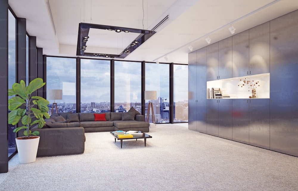 Interior moderno con grandes ventanas de vidrio, diseño conceptual de renderizado 3D