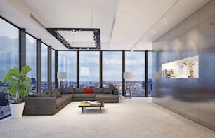 modern interior with big glass windows, 3d rendering concept design