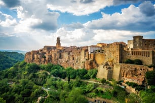 Panoramic view of the historic hilltop village of Pitigliano, Grosseto, Tuscany, Italy.