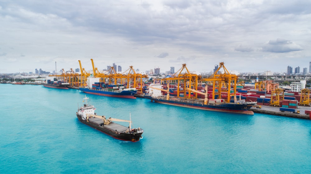 Aerial view container ship from sea port for import  export or transportation concept background.