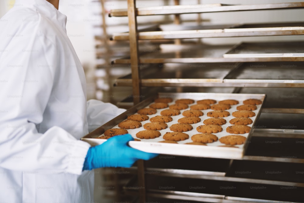 Close up of employee holding fresh made cookies in food factory.