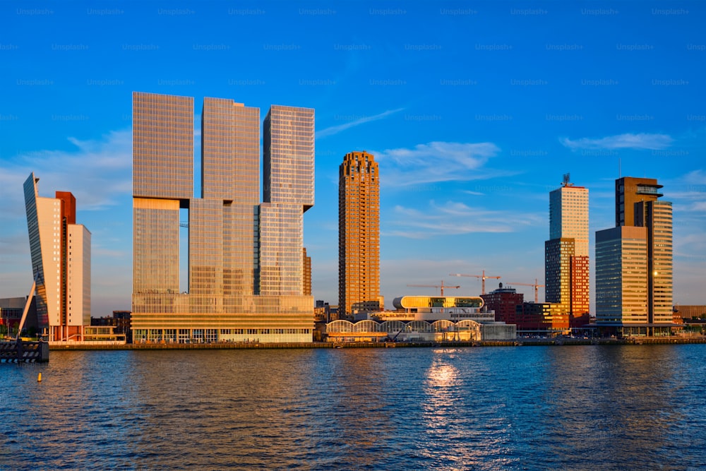 Rotterdam cityscape over Nieuwe Maas river on sunset. Netherlands