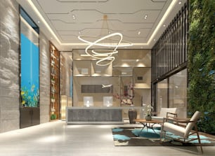 Rendu 3D de la réception de l’entrée du hall d’un hôtel de luxe