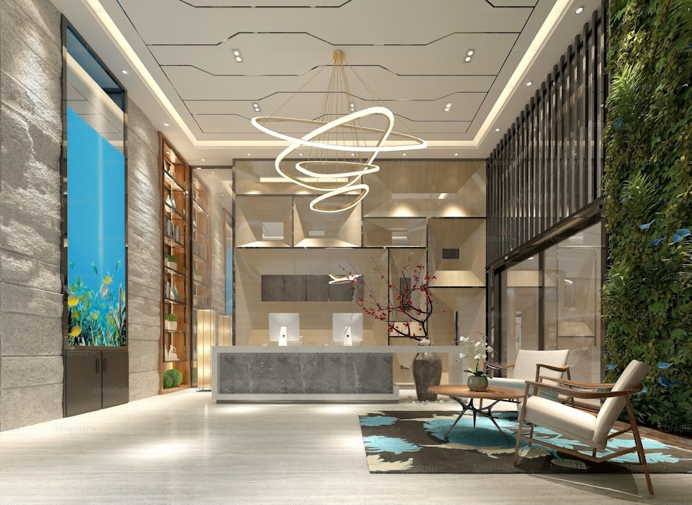 3d render of luxury hotel lobby entrance reception