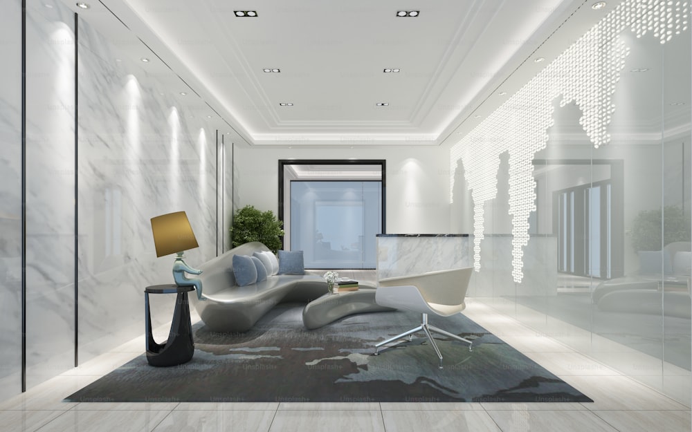 3D-Rendering der Eingangsrezeption der Luxushotellobby
