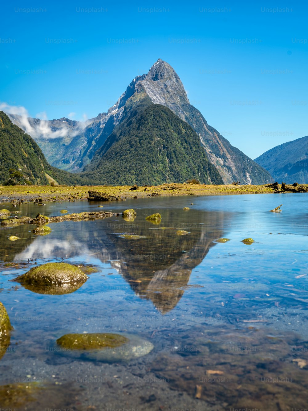 Milford Sound, Nouvelle-Zélande. - Mitre Peak est le point de repère emblématique de Milford Sound dans le parc national de Fiordland, sur l’île du Sud de la Nouvelle-Zélande, l’attraction naturelle la plus spectaculaire de Nouvelle-Zélande.