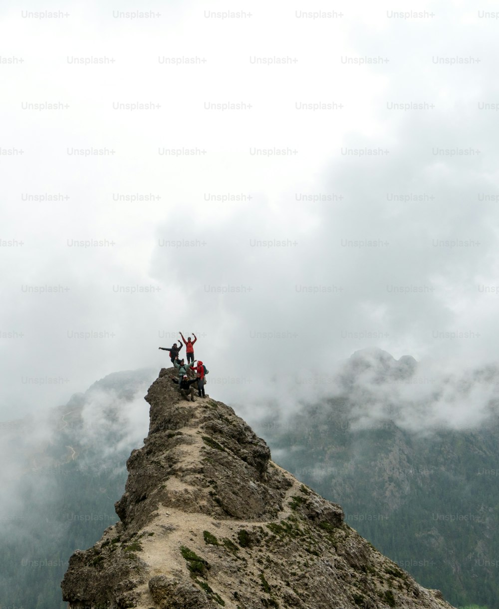gruppo di giovani studenti universitari maschi e femmine in cima a una cima aguzza nelle Dolomiti dell'Alta Badia in Italia