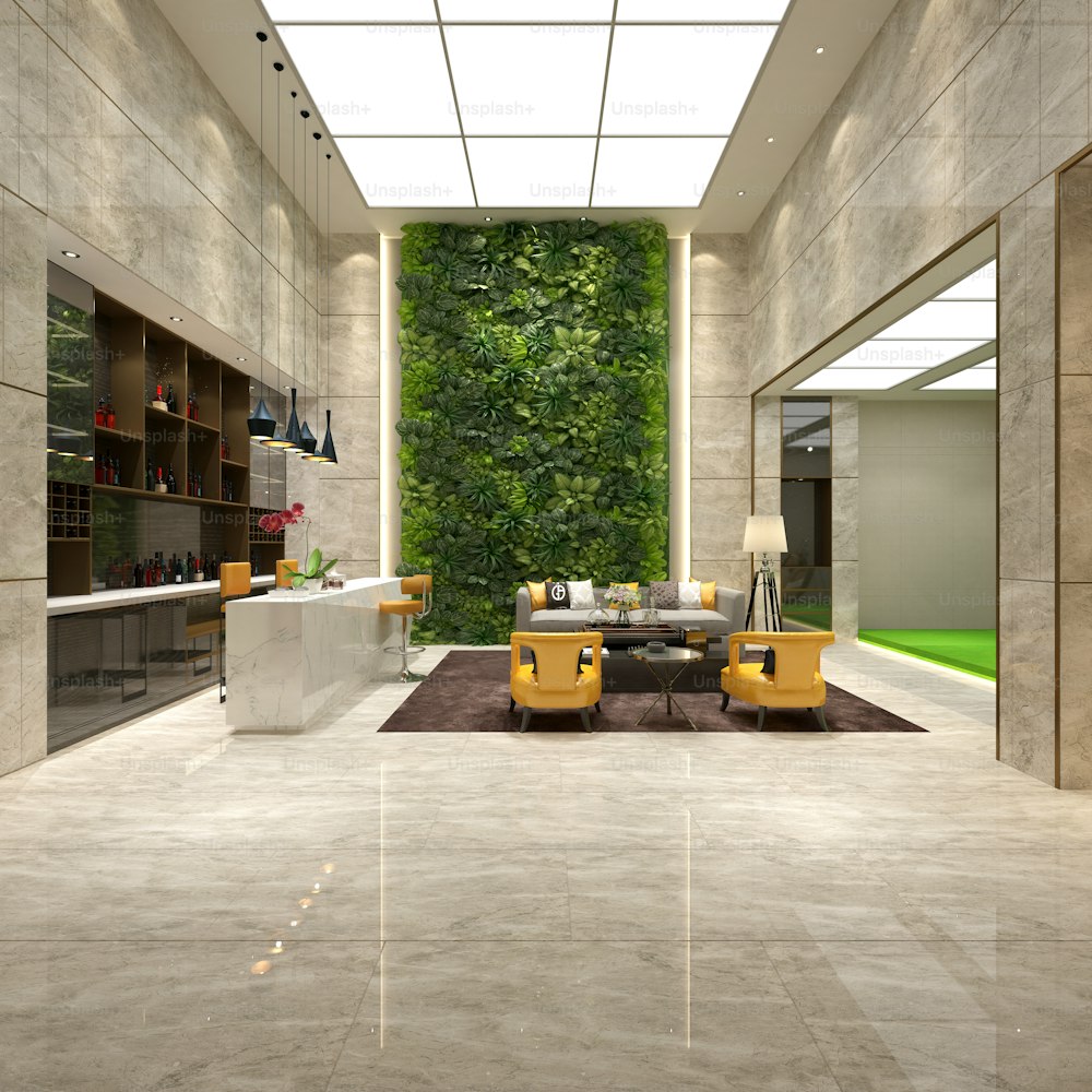 3d render luxury modern hotel interior, lobby, entrance and reception