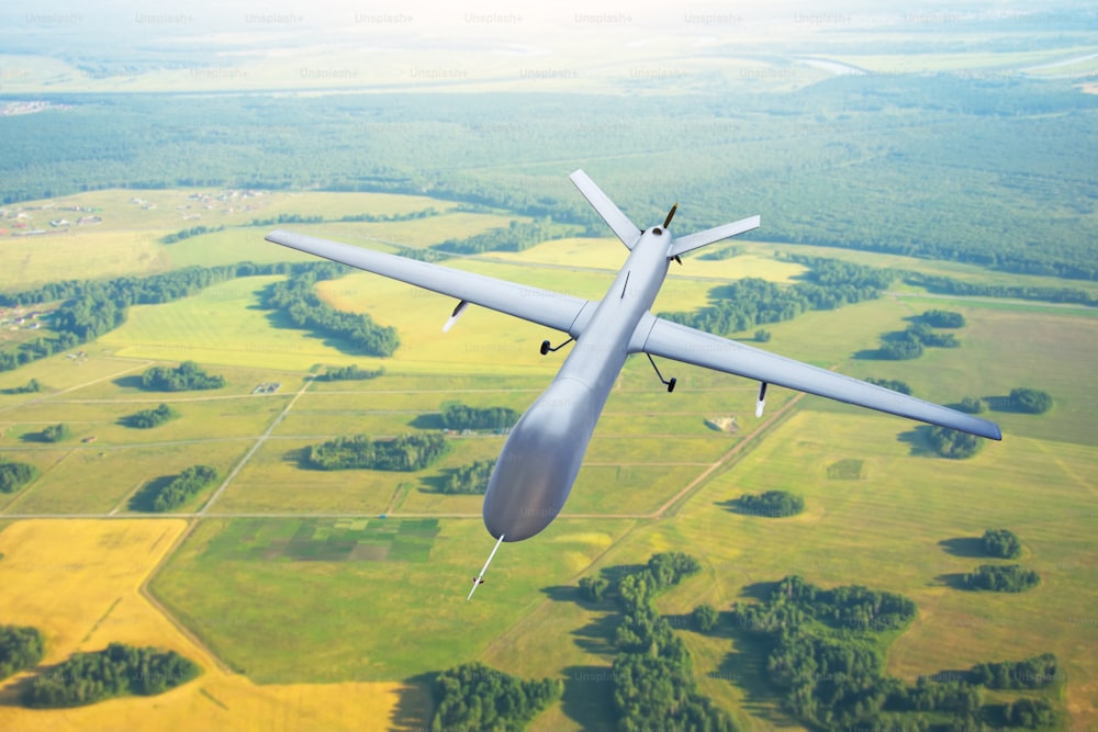 Patrolling unmanned aircraft in the sky above the terrain, fly tracking