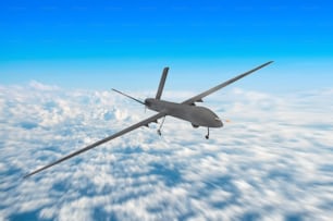 Drone militaire sans pilote en patrouille sur un territoire aérien de patrouille à haute altitude