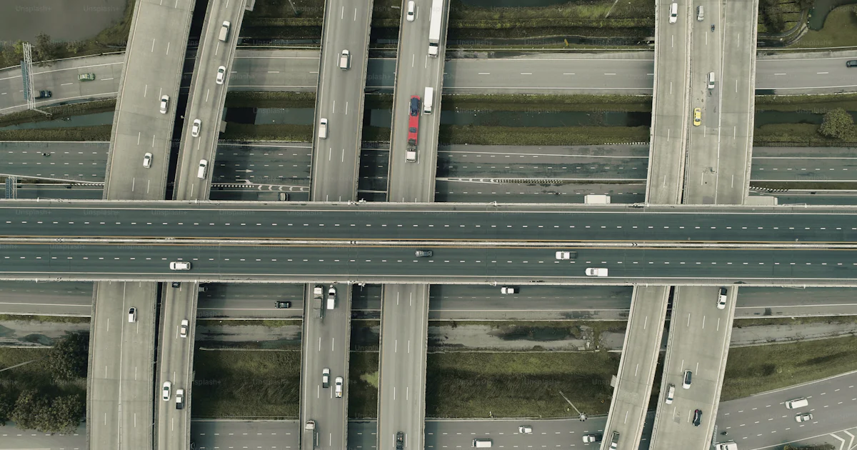 Highway Network Aerial view highway road network intersection traffic. Can use for ...