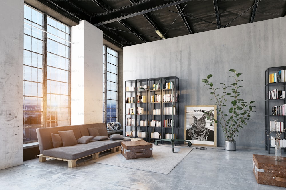 modern loft lving room. 3d rendering design concept