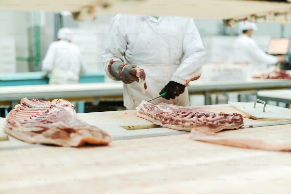 Arbeiter bei Meet Industry kümmern sich um Fleisch, indem sie die Verpackung der Verschiffung in der Fleischfabrik organisieren.