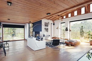 modern chalet interior. 3d rendering design concept
