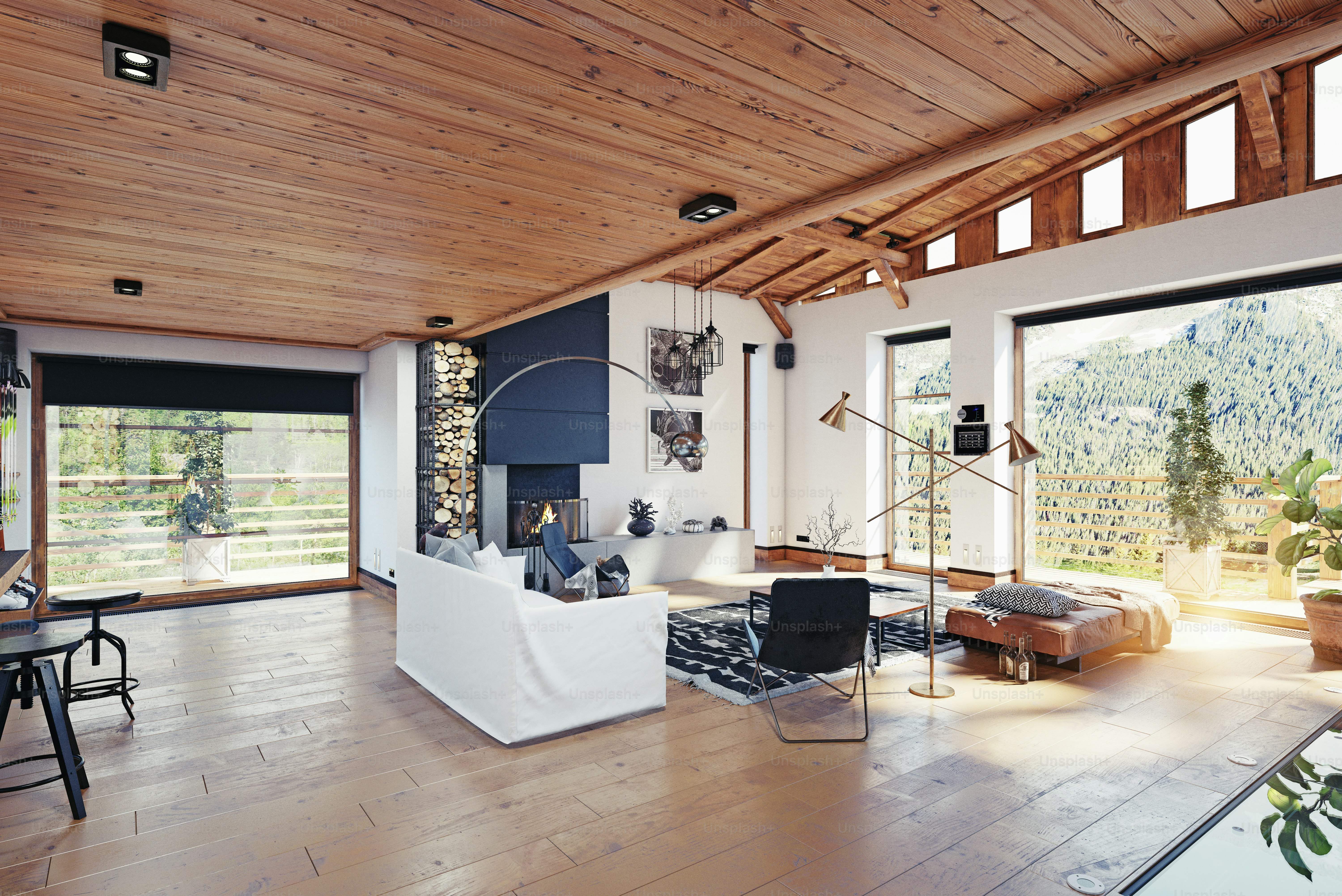 modern chalet interior. 3d rendering design concept