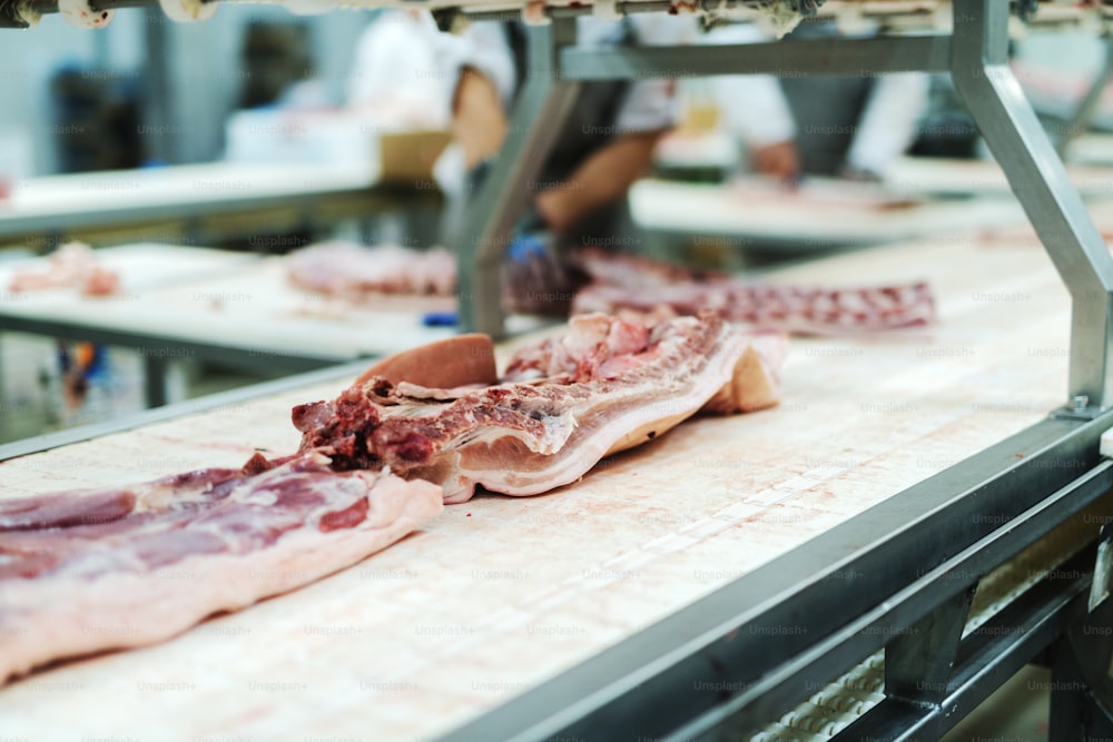 Arbeiter bei Meet Industry kümmern sich um Fleisch, indem sie die Verpackung der Verschiffung in der Fleischfabrik organisieren.