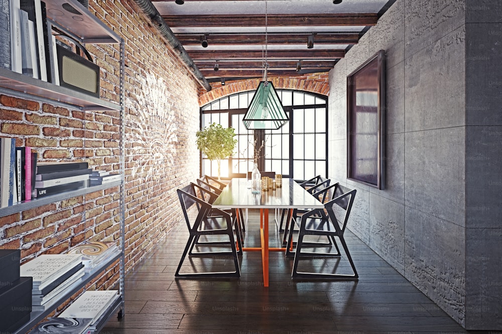 modern loft  dining room interior. 3d rendering design concept