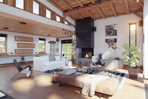 modern chalet interior. 3d rendering design concept