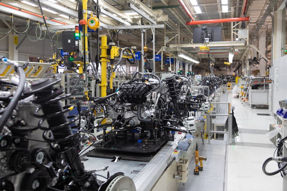 Automated Assembly line of car mechanics. Automobile industry plant