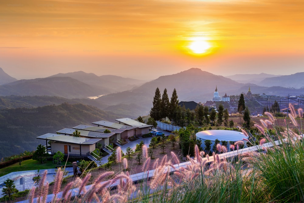 Beautiful sunrise at Wat Phra That Pha Son Kaew Temple in Khao Kho Phetchabun, Thailand.