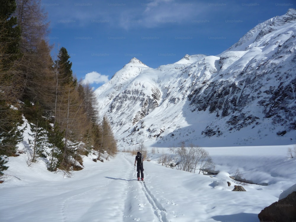 ein Skitourengeher, der im Winter unter blauem Himmel auf einen weit entfernten Berggipfel in den österreichischen Alpen wandert