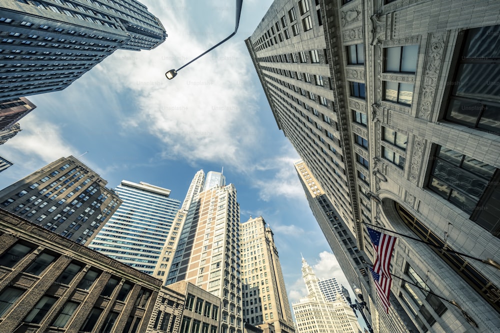 View of Chicago skyscrapers with sky, USA.