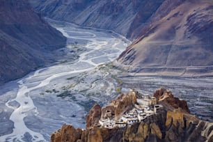 Dhankar monastry perched on a cliff in Himalayas. Dhankar, Spiti Valley, Himachal Pradesh, India