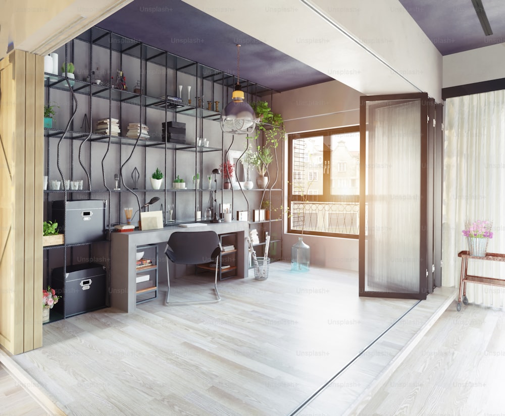 Kreative Gestaltung der Trennzone des Home-Office-Interieurs. 3D-Designkonzept