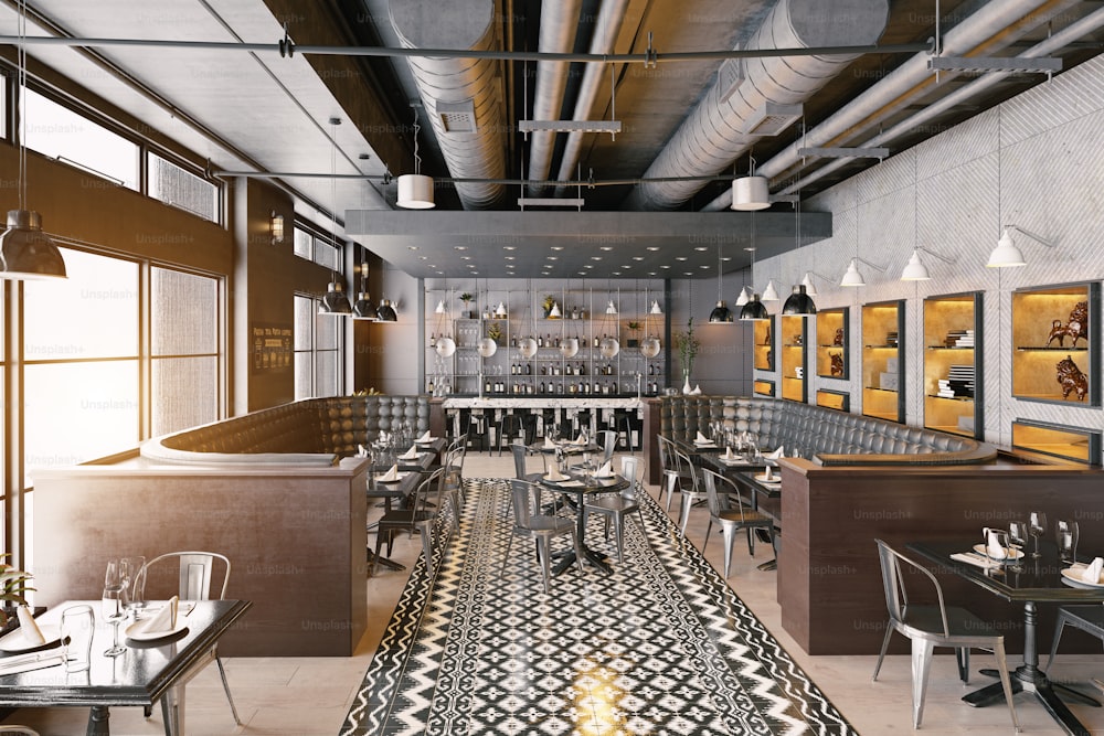Design moderno degli interni del ristorante. Concetto di rendering 3D