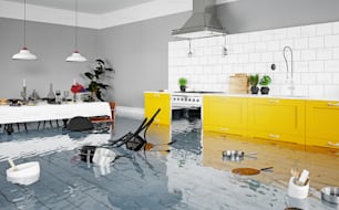 flooding kitchen interior. 3d rendering concept
