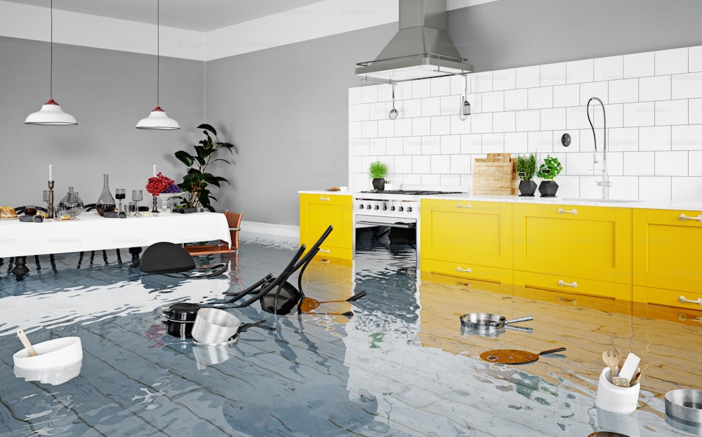 Überflutung des Kücheninterieurs. 3D-Rendering-Konzept