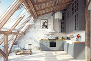 Modernes Dachgeschoss Küche Interieur. 3D-Rendering-Design-Konzept