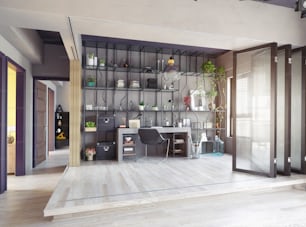 ホームオフィスインテリアのパーティションゾーンのクリエイティブなデザイン。3Dデザインコンセプト