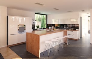 Moderne Kücheneinrichtung. 3D-Rendering-Konzept