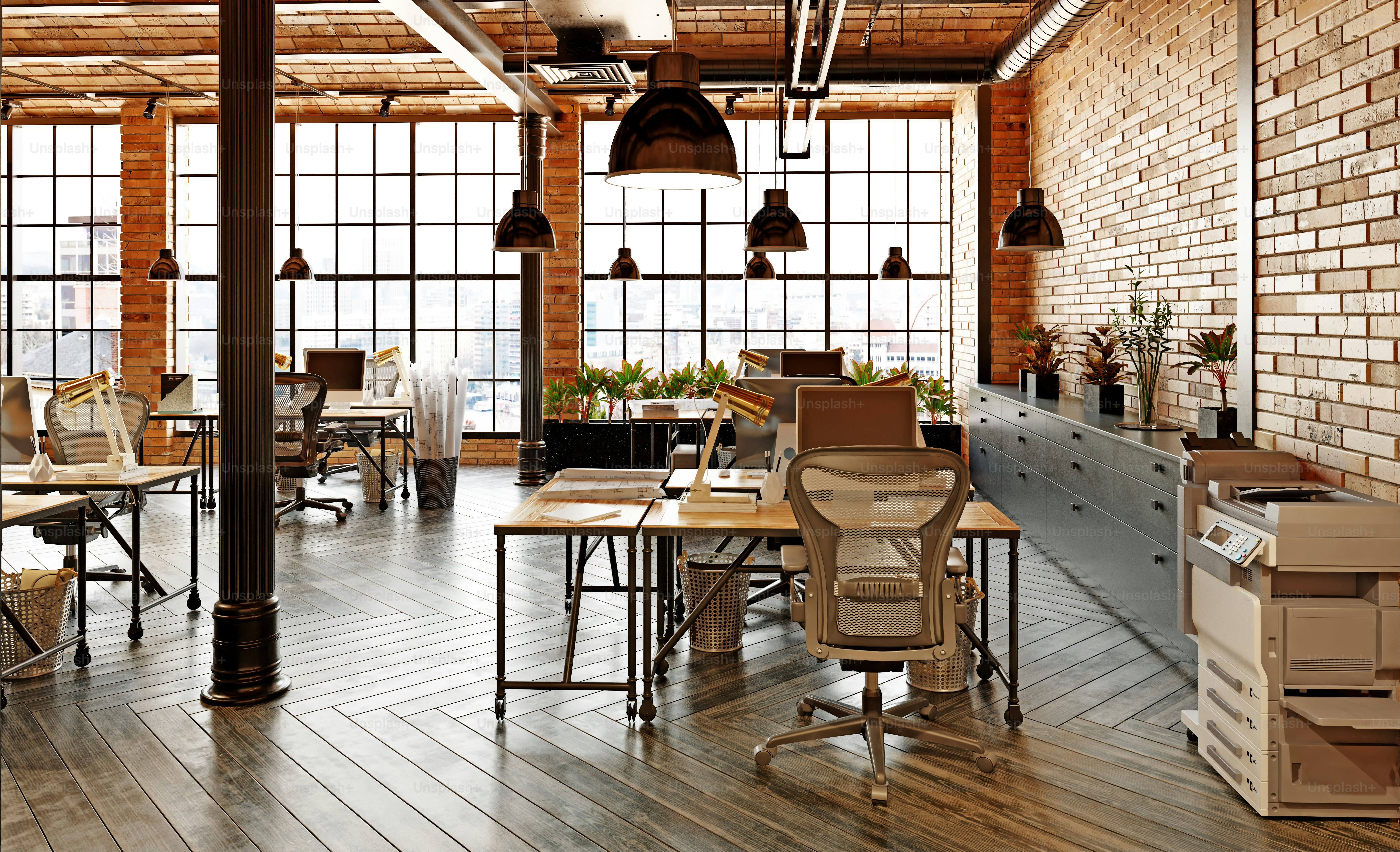 현대 사무실 인테리어 디자인입니다. 로프트 컨셉 3d 렌더링